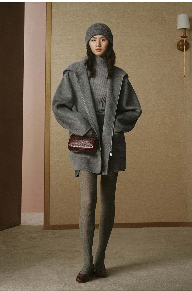 Ribbed-Collar Zip Wool Coat - Smoke Grey - view 2