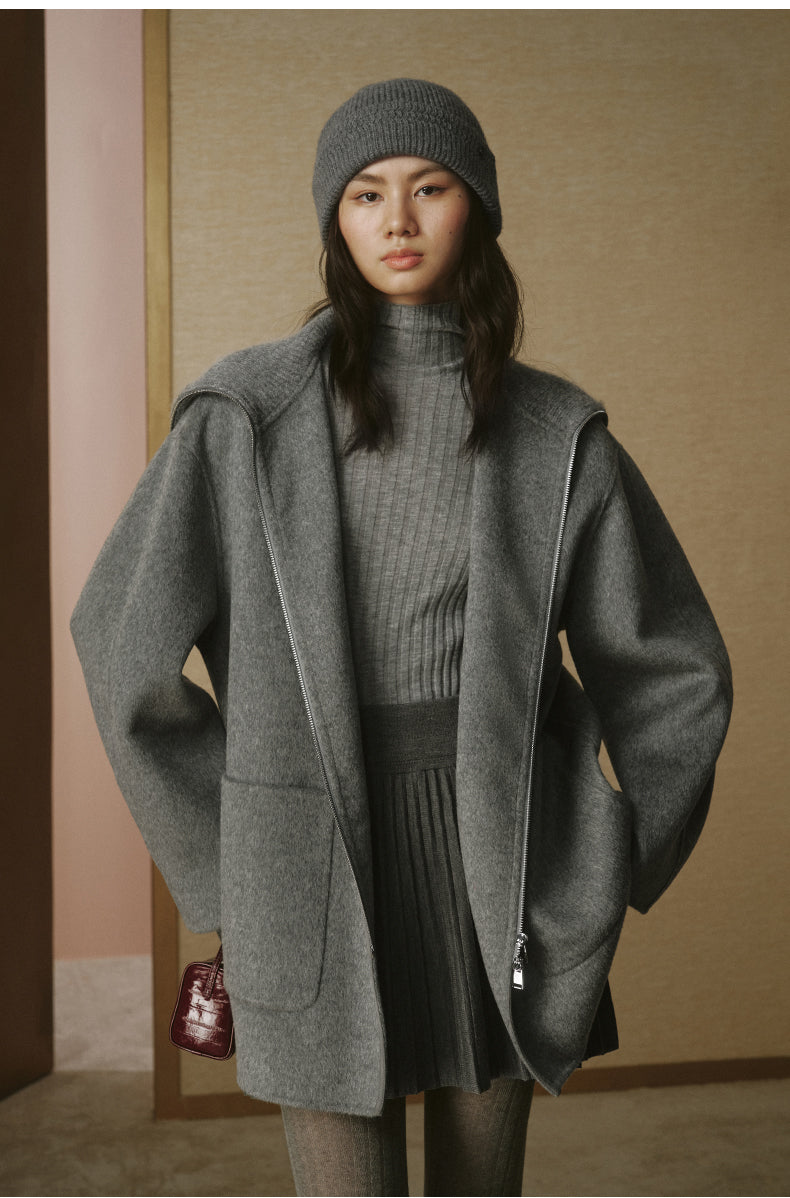 Ribbed-Collar Zip Wool Coat - Smoke Grey - view 3