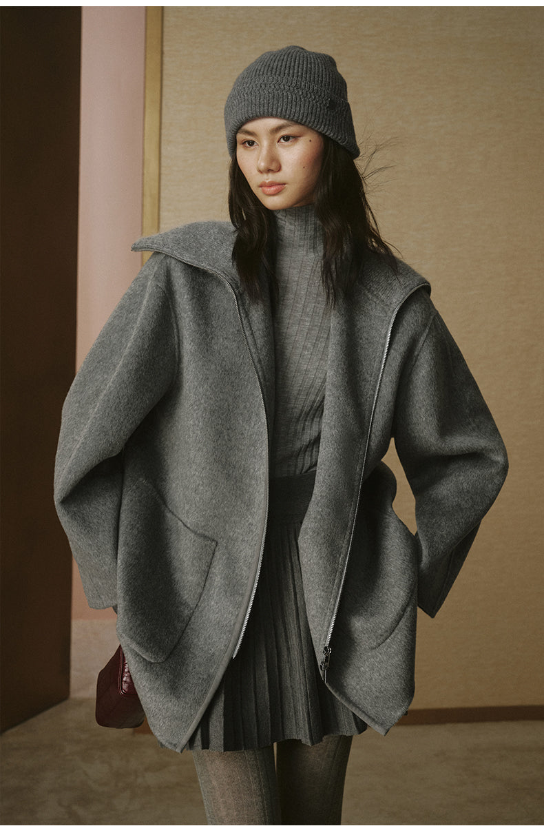 Ribbed-Collar Zip Wool Coat - Smoke Grey - view 4
