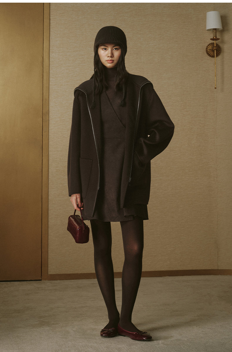 Ribbed-Collar Zip Wool Coat - Smoke Grey - view 5