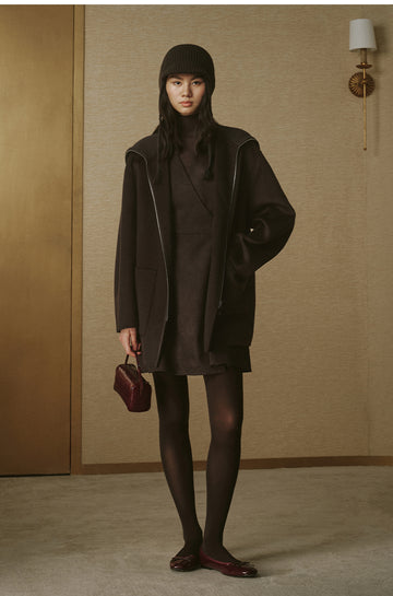 Ribbed-Collar Zip Wool Coat - Smoke Grey - view 5