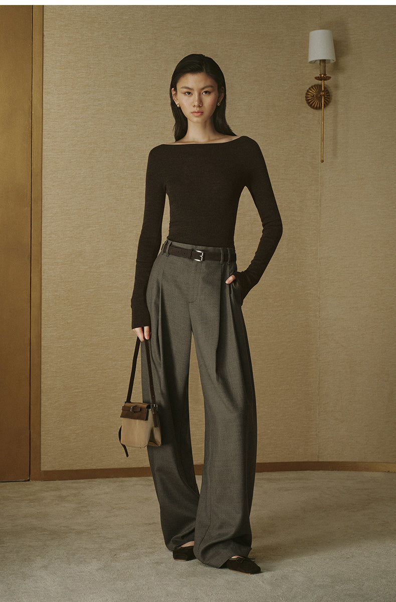 Seamless Wool Bateau-Neck Top - Tea Brown - view 1