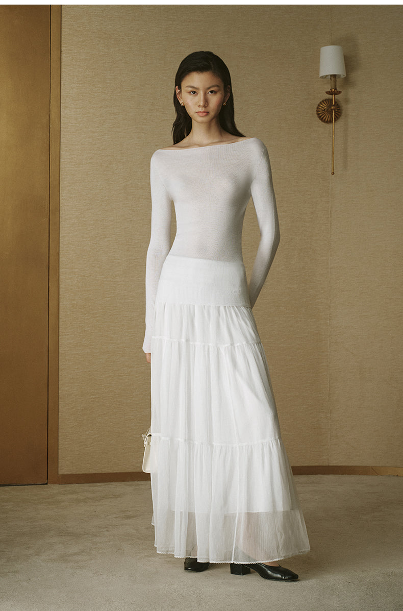 Seamless Wool Bateau-Neck Top - Ivory White - view 1