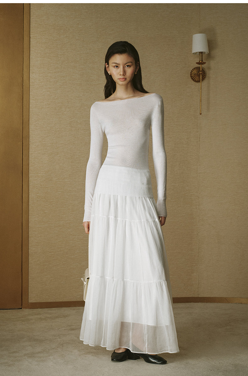 Seamless Wool Bateau-Neck Top - Ivory White - view 2