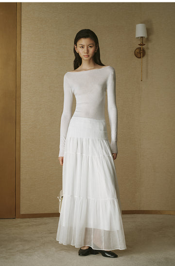 Seamless Wool Bateau-Neck Top - Ivory White - view 2
