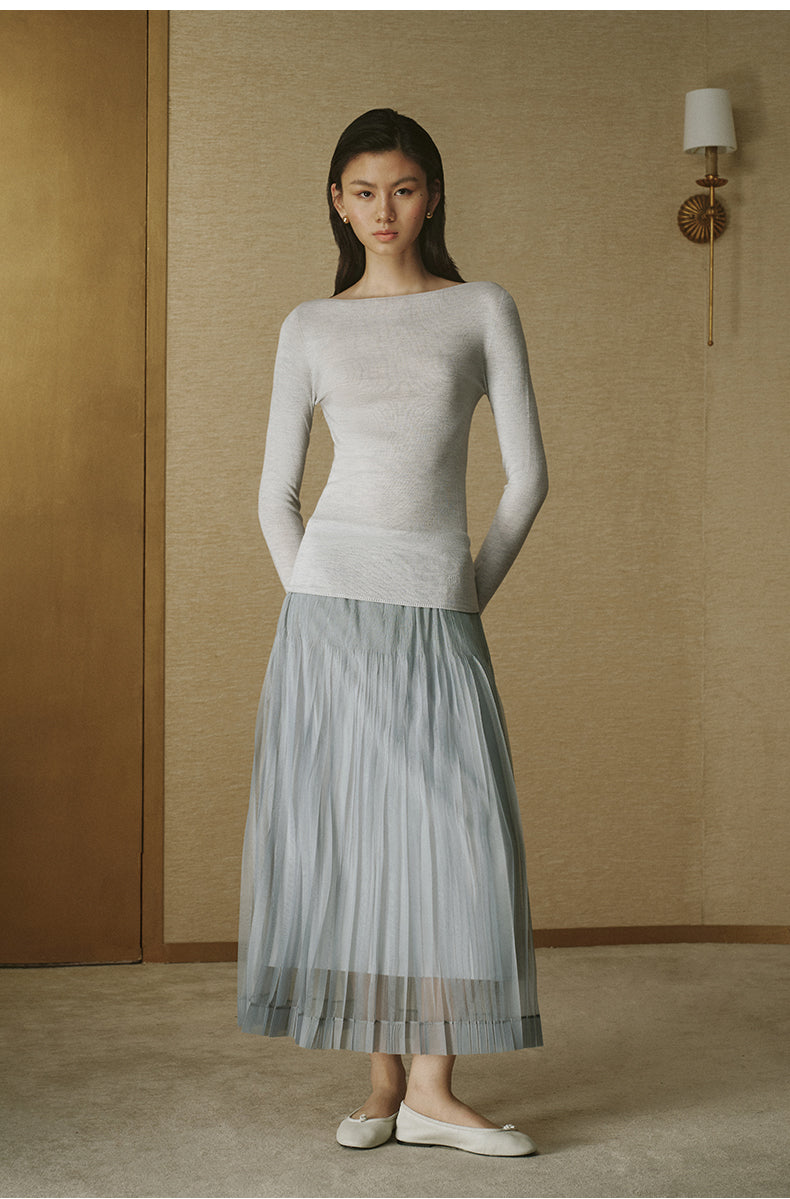 Seamless Wool Bateau-Neck Top - Pale Cloud Blue - view 1