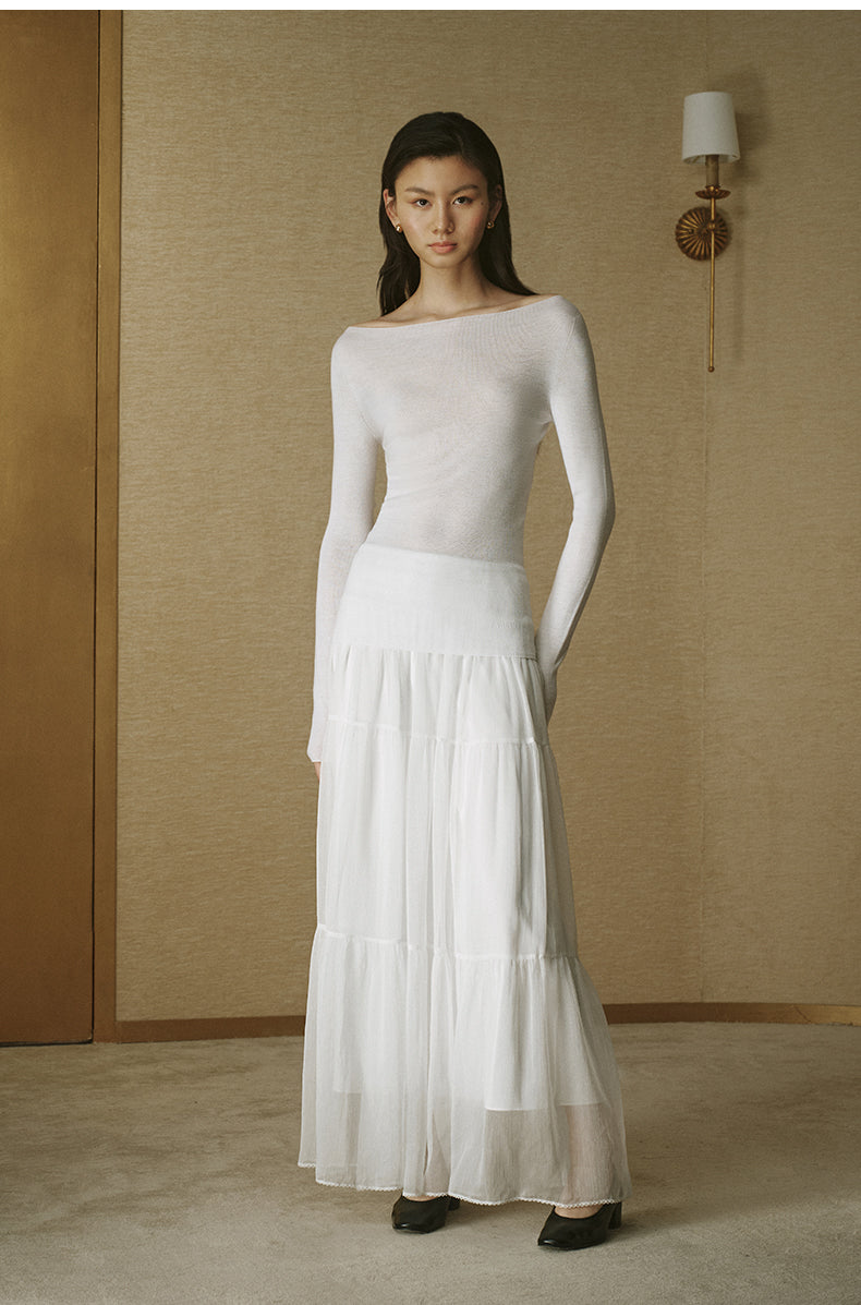 Seamless Wool Bateau-Neck Top - Light Dew Grey - view 1