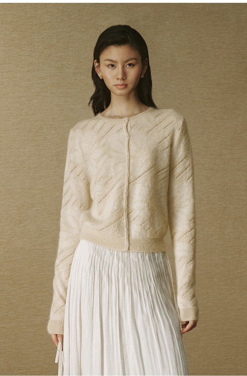 Sheer Jacquard Mohair Cardigan - Pearl Beige - view 3