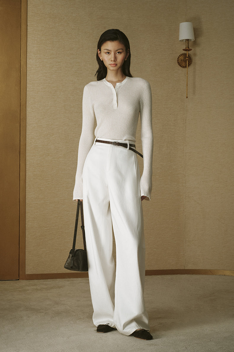 Silk-Cashmere Henley Knit Top - Ivory White - view 1
