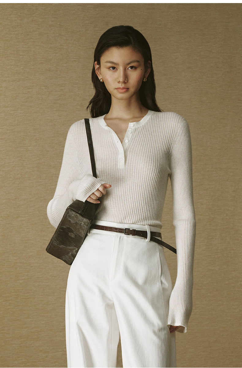 Silk-Cashmere Henley Knit Top - Ivory White - view 3