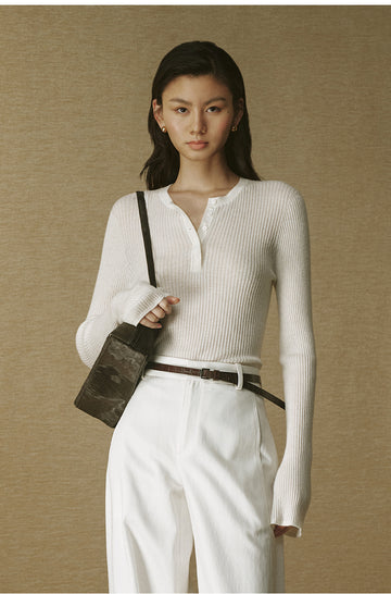 Silk-Cashmere Henley Knit Top - Ivory White - view 3