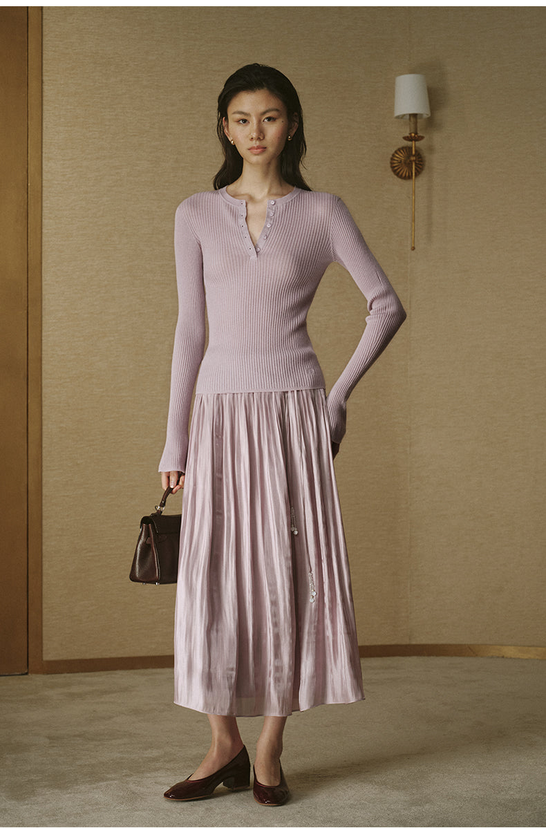 Silk-Cashmere Henley Knit Top - Dawn Lilac - view 2