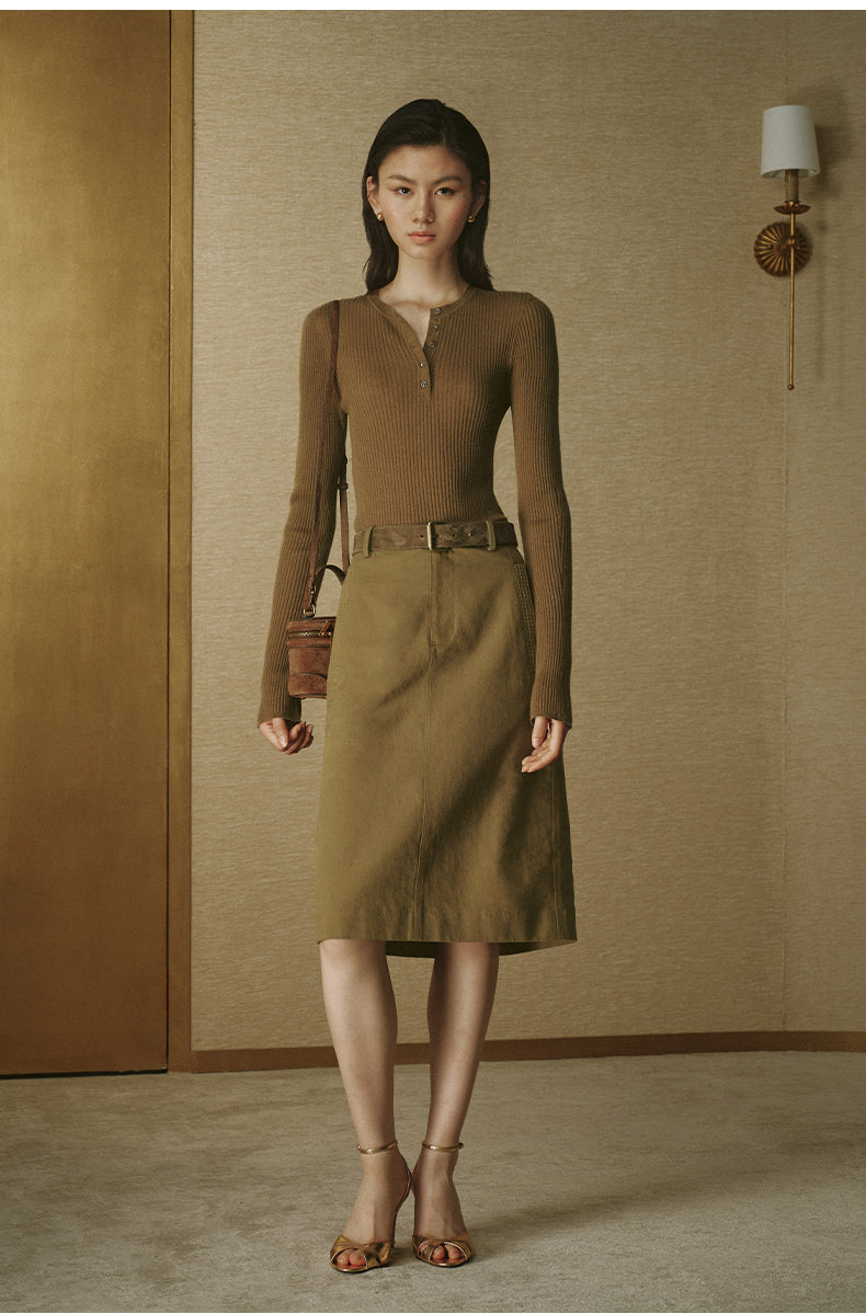 Silk-Cashmere Henley Knit Top - Sandalwood Brown - view 1