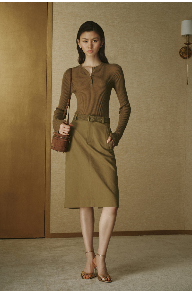 Silk-Cashmere Henley Knit Top - Sandalwood Brown - view 2