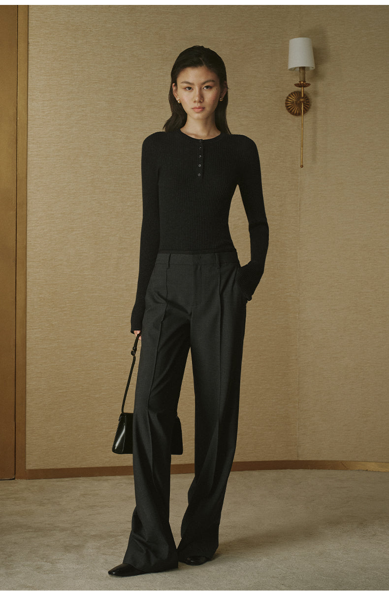 Silk-Cashmere Henley Knit Top - Smoky Ink Grey - view 2