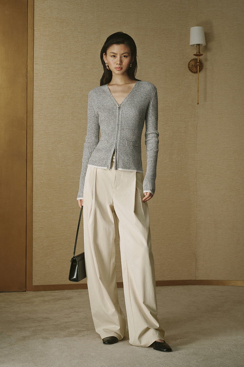 Silk-Wool Zip Cardigan - Flecked Grey - view 1