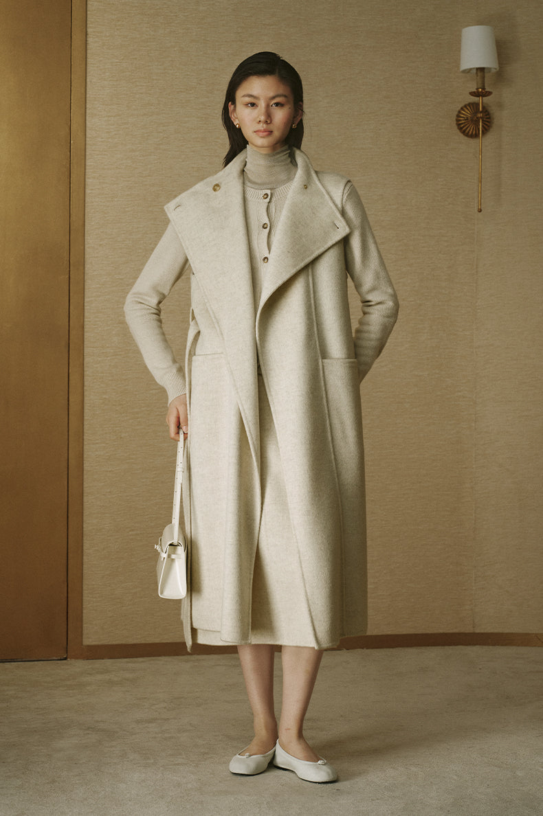 Single-Button Double-Face Wool Long Vest - Natural White - view 1