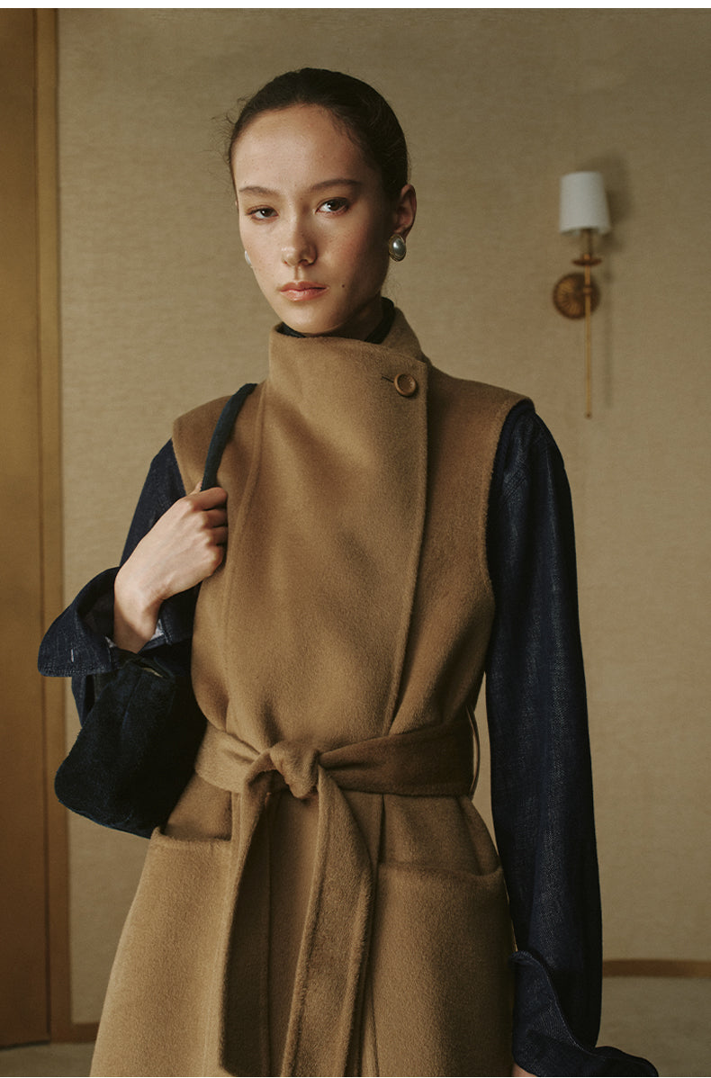 Single-Button Double-Face Wool Long Vest - Classic Camel - view 3
