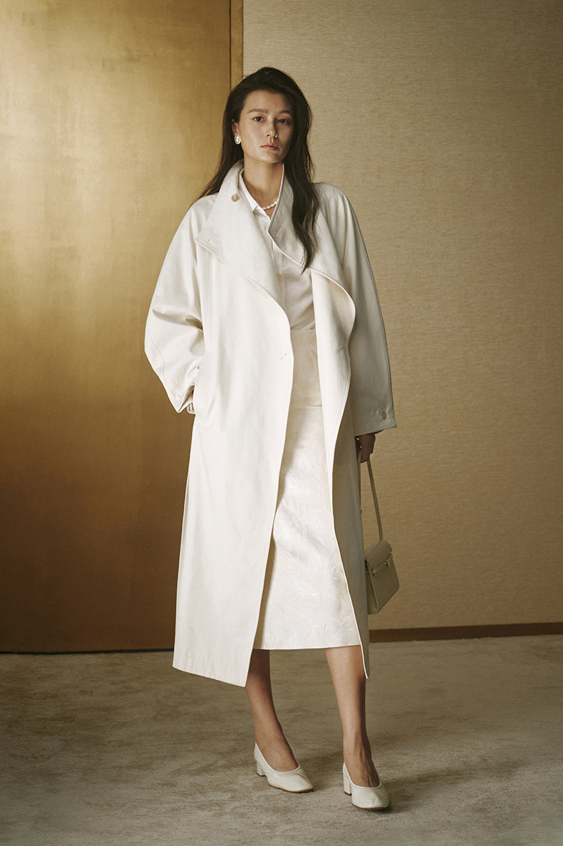 Single-Button Long Cotton Trench - Ivory White - view 1