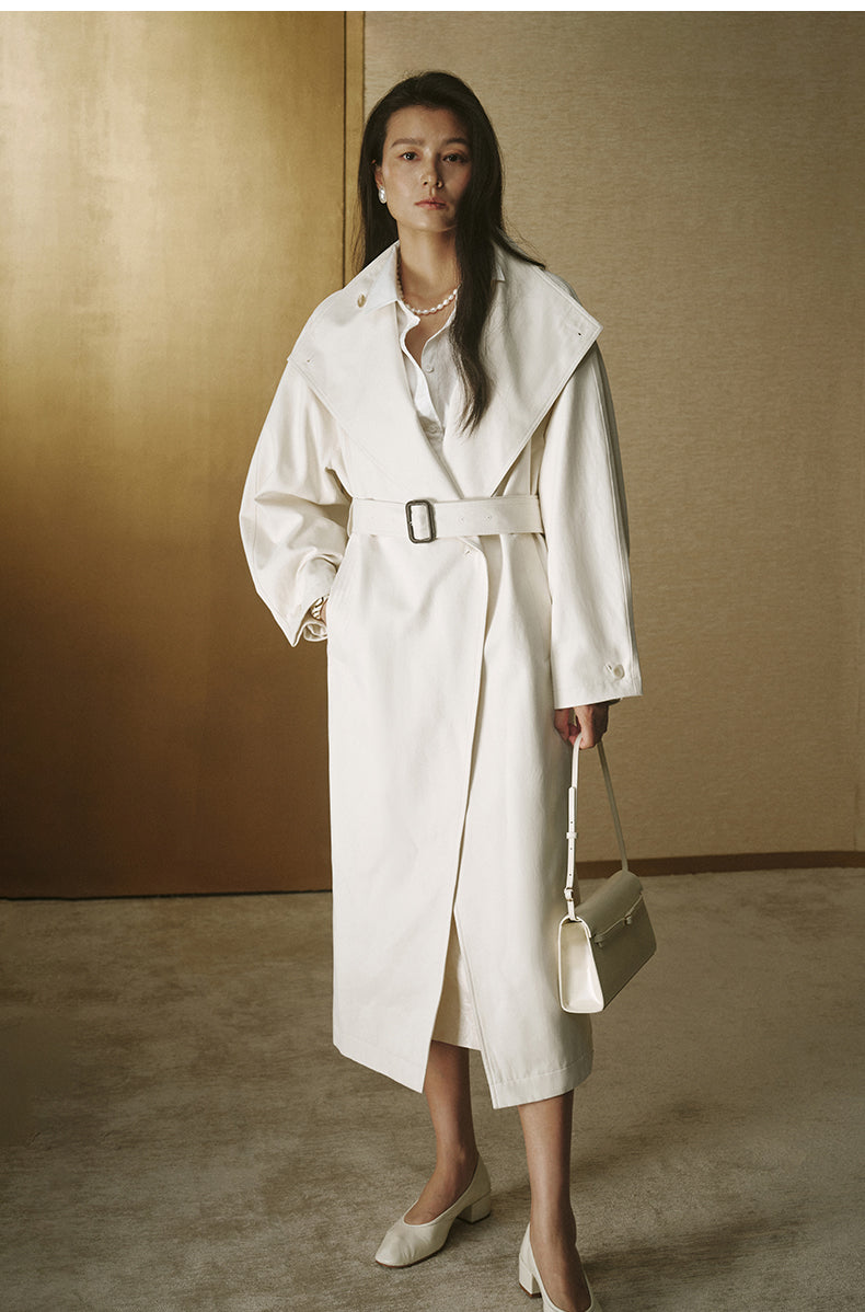 Single-Button Long Cotton Trench - Ivory White - view 2