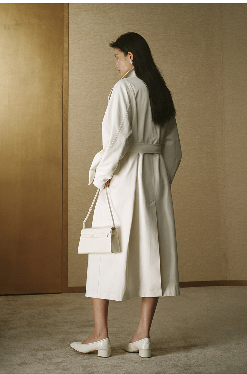 Single-Button Long Cotton Trench - Ivory White - view 3