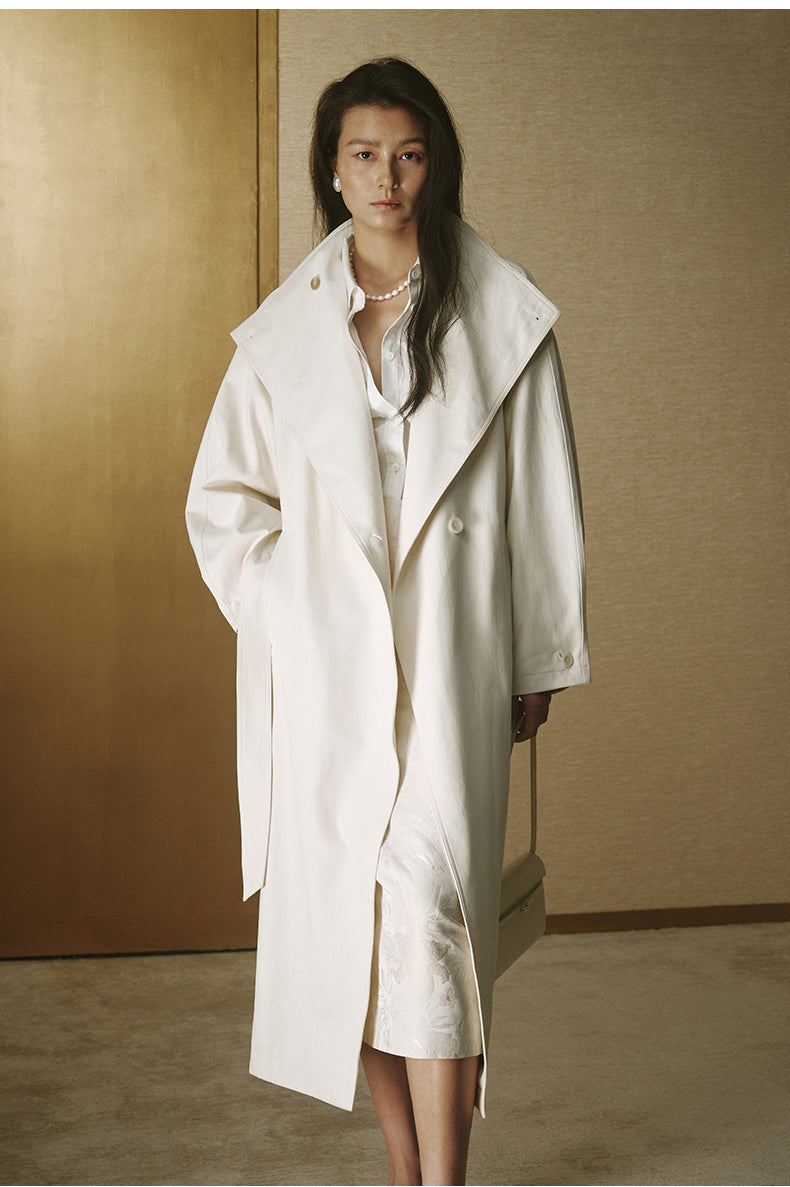 Single-Button Long Cotton Trench - Ivory White - view 4