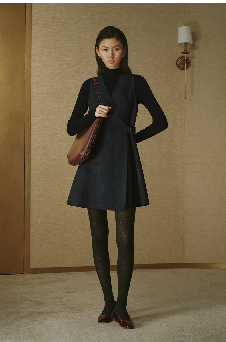 Sueded Wrap Pinafore Dress - Ink Blue - view 1