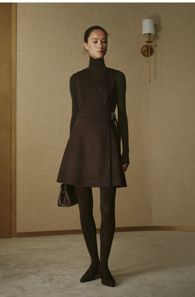 Sueded Wrap Pinafore Dress - Deep Coffee - view 2