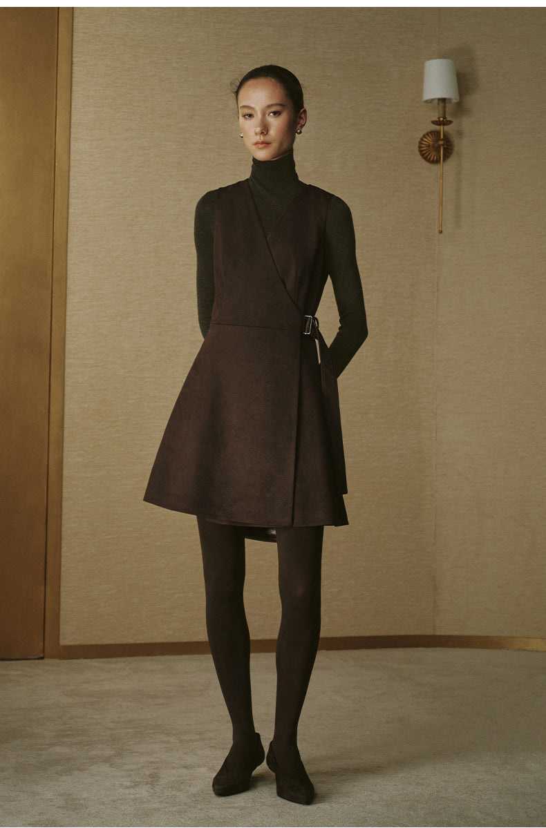 Sueded Wrap Pinafore Dress - Deep Coffee - view 3