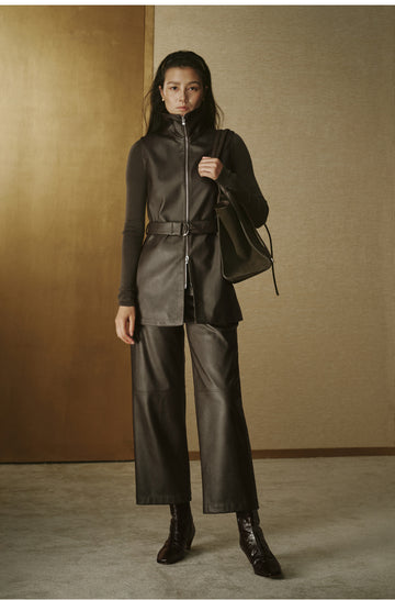 Textured Faux-Leather Long Vest - Coffee Brown - view 1