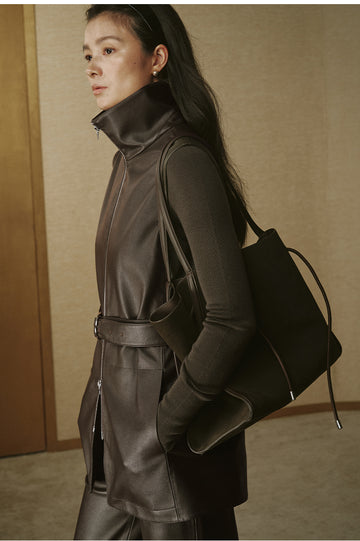 Textured Faux-Leather Long Vest - Coffee Brown - view 2