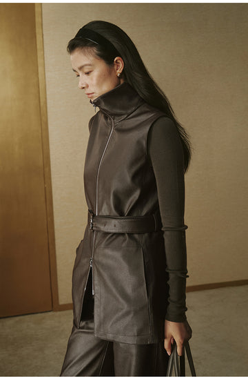 Textured Faux-Leather Long Vest - Coffee Brown - view 3