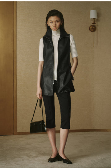 Textured Faux-Leather Long Vest - Ink Black - view 3