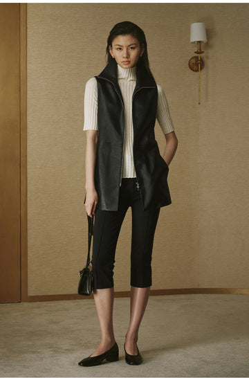 Textured Faux-Leather Long Vest - Ink Black - view 4
