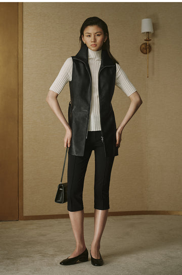 Textured Faux-Leather Long Vest - Ink Black - view 5