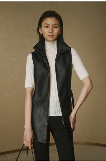 Textured Faux-Leather Long Vest - Ink Black - view 6