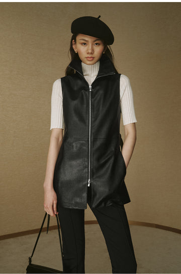 Textured Faux-Leather Long Vest - Ink Black - view 7