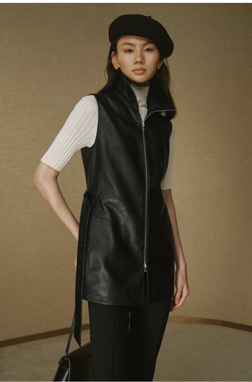 Textured Faux-Leather Long Vest - Ink Black - view 8
