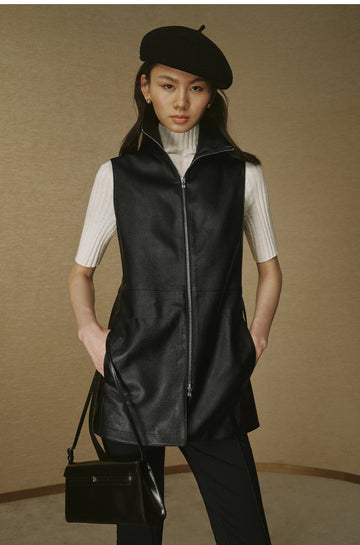 Textured Faux-Leather Long Vest - Ink Black - view 9