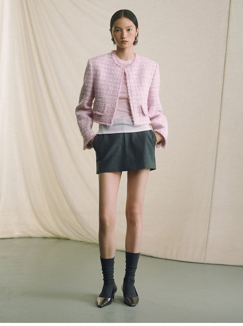 Textured Tweed Cropped Jacket - Pink White Check - view 1