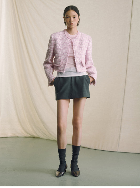 Textured Tweed Cropped Jacket - Pink White Check - view 1