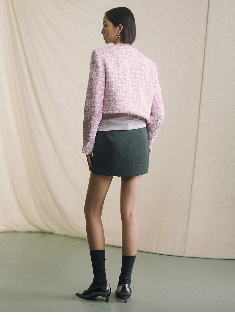 Textured Tweed Cropped Jacket - Pink White Check - view 2