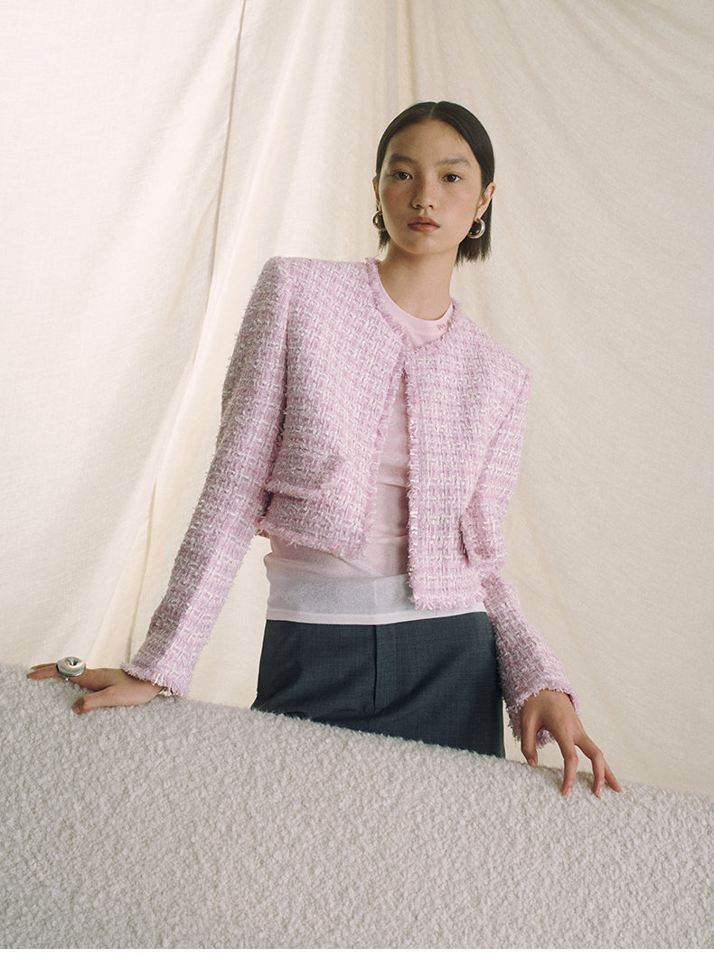 Textured Tweed Cropped Jacket - Pink White Check - view 3