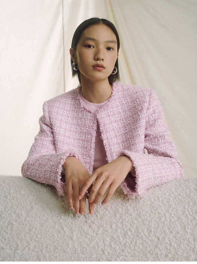 Textured Tweed Cropped Jacket - Pink White Check - view 4