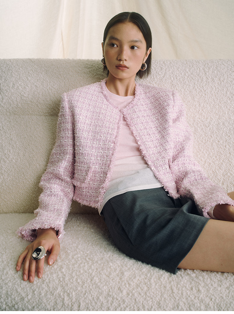 Textured Tweed Cropped Jacket - Pink White Check - view 5