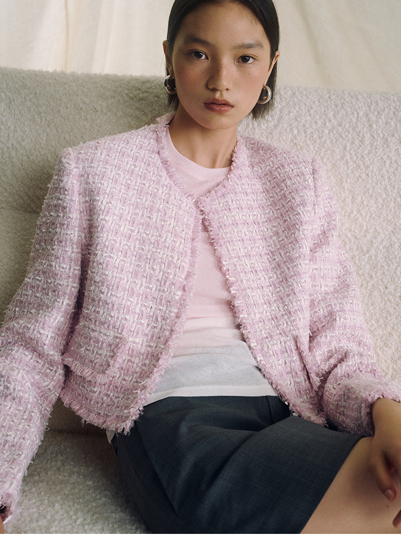 Textured Tweed Cropped Jacket - Pink White Check - view 6