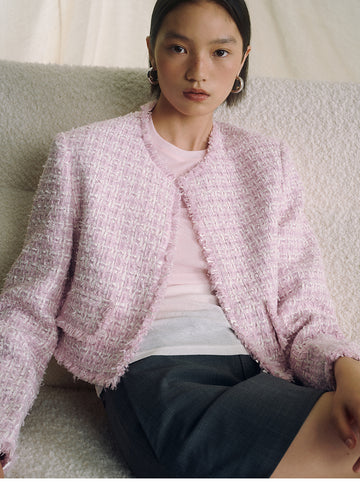 Textured Tweed Cropped Jacket - Pink White Check - view 6