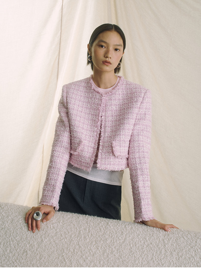 Textured Tweed Cropped Jacket - Pink White Check - view 7