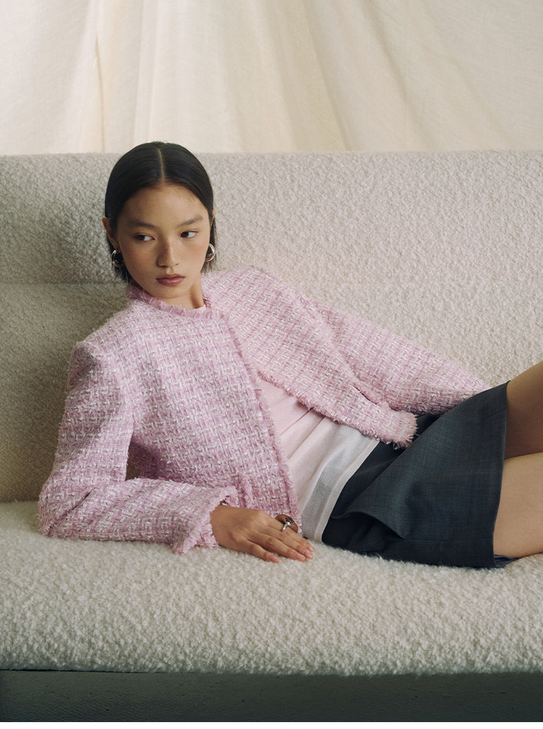 Textured Tweed Cropped Jacket - Pink White Check - view 8