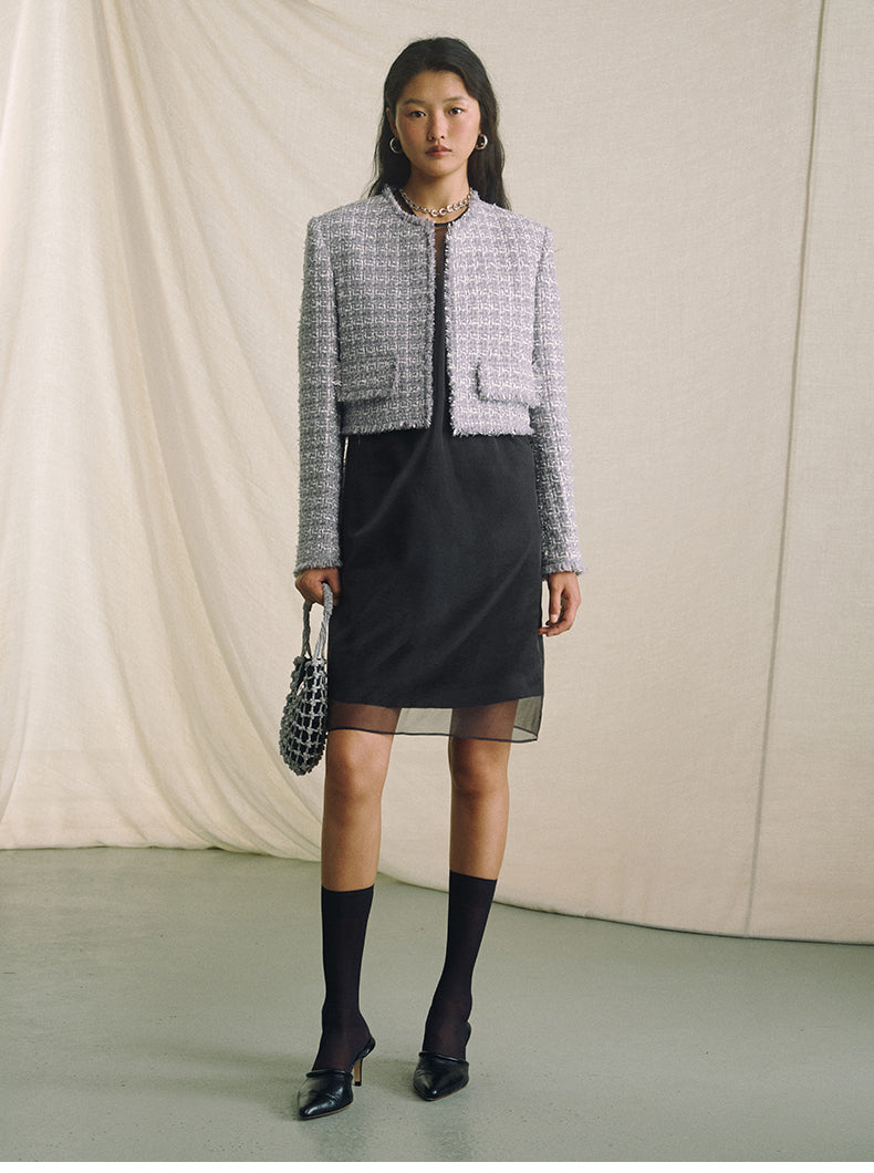 Textured Tweed Cropped Jacket - Cloud Fleck Grey - view 1